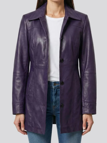 Women's 3/4 Length Purple Leather Car Coat - Vibrant Moto Chic Rider