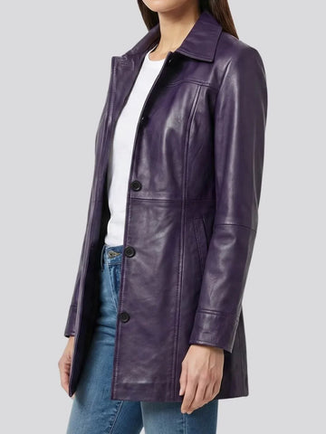 Women's 3/4 Length Purple Leather Car Coat - Vibrant Moto Chic Rider