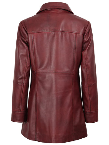 Kandis Women's Burgundy Real Leather Car Coat - Rich Wine 3/4 Rider Elegance