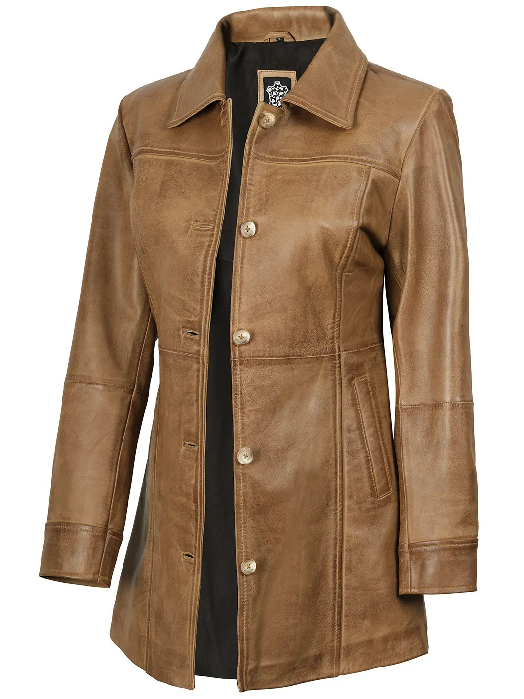Kandis Women's Camel Brown Real Leather Car Coat - Desert Luxe 3/4 Rider