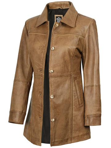 Kandis Women's Camel Brown Real Leather Car Coat - Desert Luxe 3/4 Rider