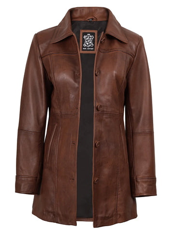 Kandis Women's Cognac Brown Leather Car Coat - Classic 3/4 Rider Elegance