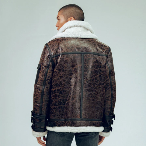 Brown Shearling Aviator Leather Jacket in Two Tones