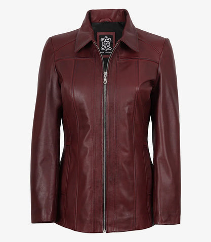 Marsha Women's Real Leather Burgundy Car Coat - Luxe 3/4 Wine Rider Chic