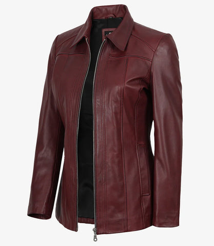Marsha Women's Real Leather Burgundy Car Coat - Luxe 3/4 Wine Rider Chic