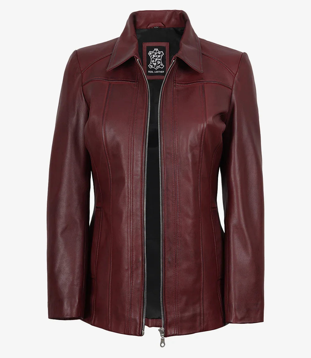 Marsha Women's Real Leather Burgundy Car Coat - Luxe 3/4 Wine Rider Chic