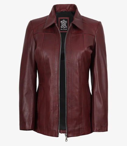 Marsha Women's Real Leather Burgundy Car Coat - Luxe 3/4 Wine Rider Chic
