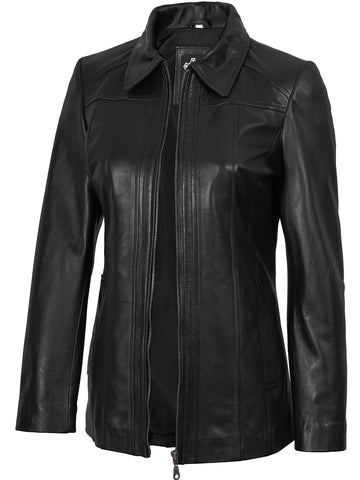 Marsha Women's Shirt Collar Black Leather Car Coat - Chic 3/4 Moto Essential