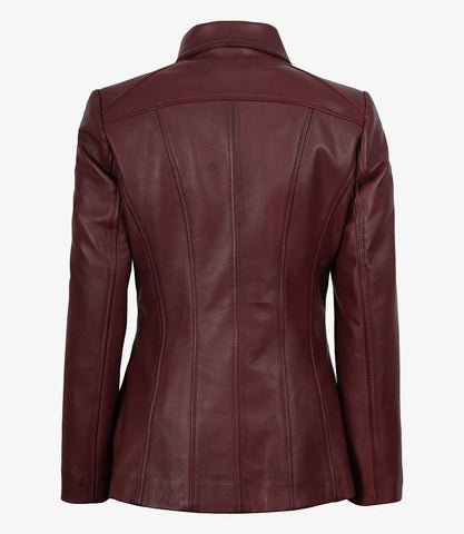 Marsha Women's Real Leather Burgundy Car Coat - Luxe 3/4 Wine Rider Chic