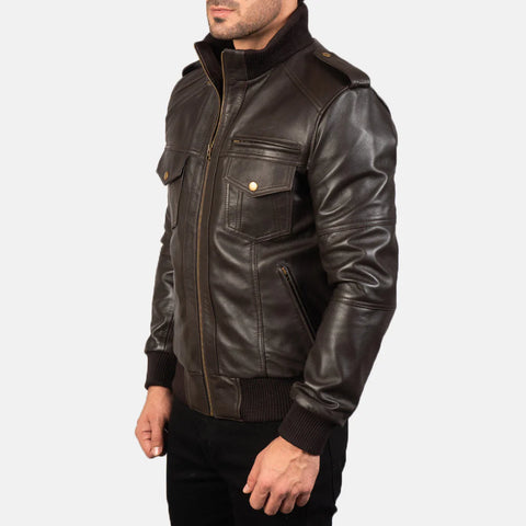 Agent Shadow — Brown Genuine Leather Bomber Jacket, Quilted Insulation, Vintage Pilot Style