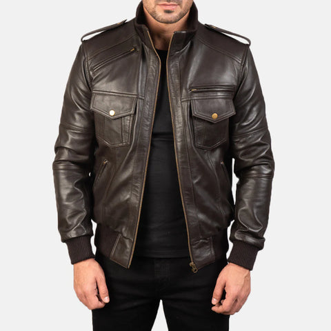 Agent Shadow — Brown Genuine Leather Bomber Jacket, Quilted Insulation, Vintage Pilot Style