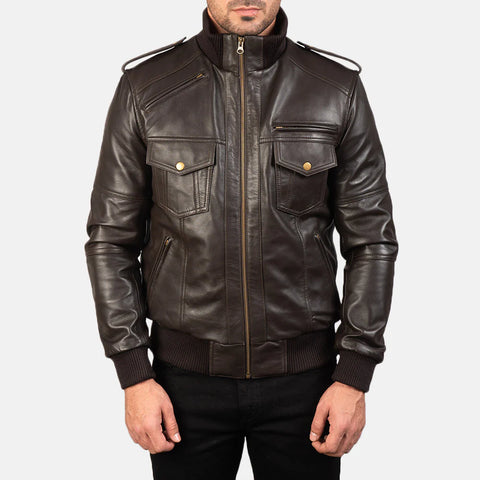 Agent Shadow — Brown Genuine Leather Bomber Jacket, Quilted Insulation, Vintage Pilot Style