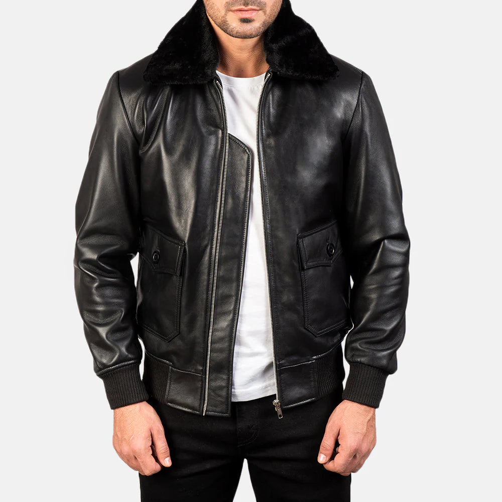 Airin G-1 — Black Genuine Leather Bomber Jacket, G-1 Flight-Inspired, Quilted Lining, YKK Hardware