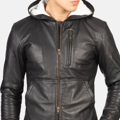 Baston — Black Hooded Genuine Leather Bomber Jacket, Quilted Lining, Removable Hood