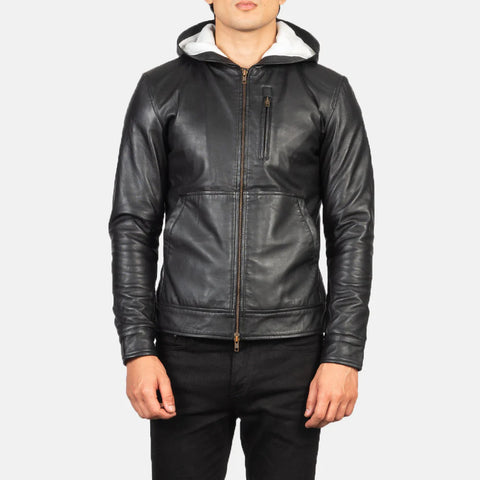 Baston — Black Hooded Genuine Leather Bomber Jacket, Quilted Lining, Removable Hood