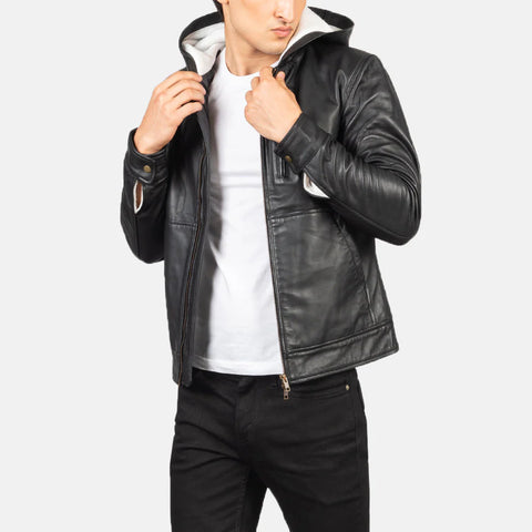 Baston — Black Hooded Genuine Leather Bomber Jacket, Quilted Lining, Removable Hood