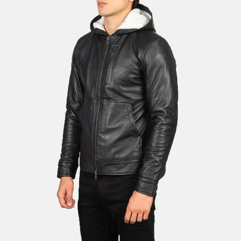 Baston — Black Hooded Genuine Leather Bomber Jacket, Quilted Lining, Removable Hood