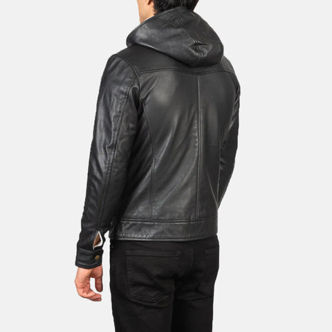 Baston — Black Hooded Genuine Leather Bomber Jacket, Quilted Lining, Removable Hood