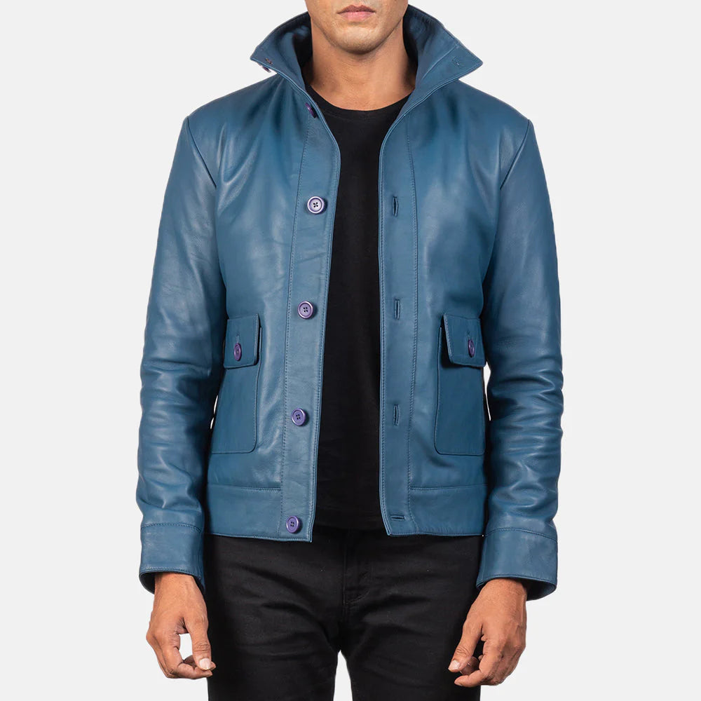 Columbus — Blue Genuine Leather Bomber Jacket, Quilted Lining, Vintage Pilot Style