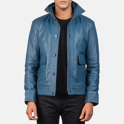 Columbus — Blue Genuine Leather Bomber Jacket, Quilted Lining, Vintage Pilot Style