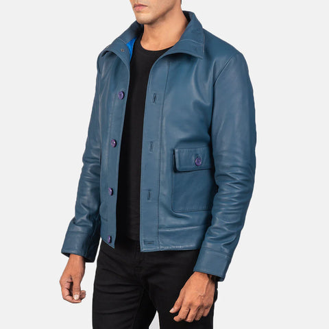 Columbus — Blue Genuine Leather Bomber Jacket, Quilted Lining, Vintage Pilot Style