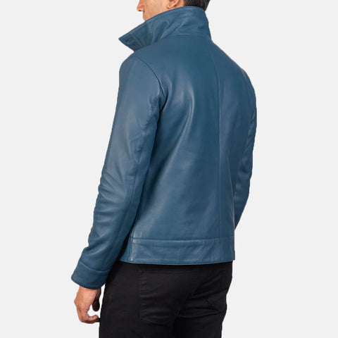 Columbus — Blue Genuine Leather Bomber Jacket, Quilted Lining, Vintage Pilot Style