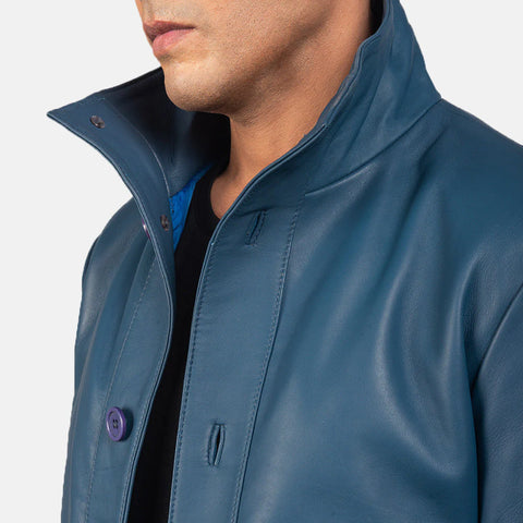 Columbus — Blue Genuine Leather Bomber Jacket, Quilted Lining, Vintage Pilot Style