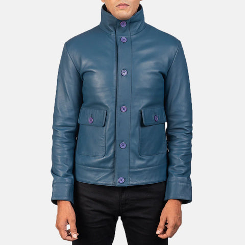 Columbus — Blue Genuine Leather Bomber Jacket, Quilted Lining, Vintage Pilot Style