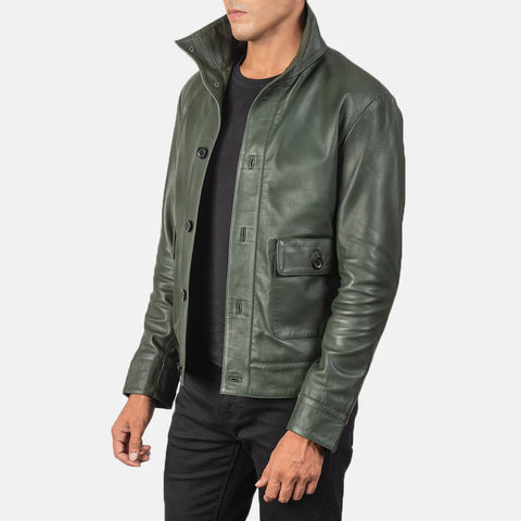 Columbus — Green Genuine Leather Bomber Jacket, Quilted Lining, Vintage Pilot Style