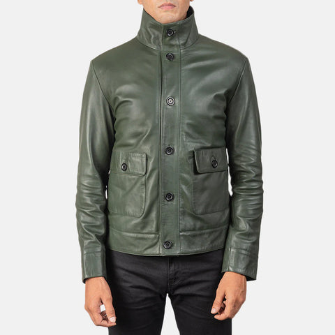 Columbus — Green Genuine Leather Bomber Jacket, Quilted Lining, Vintage Pilot Style