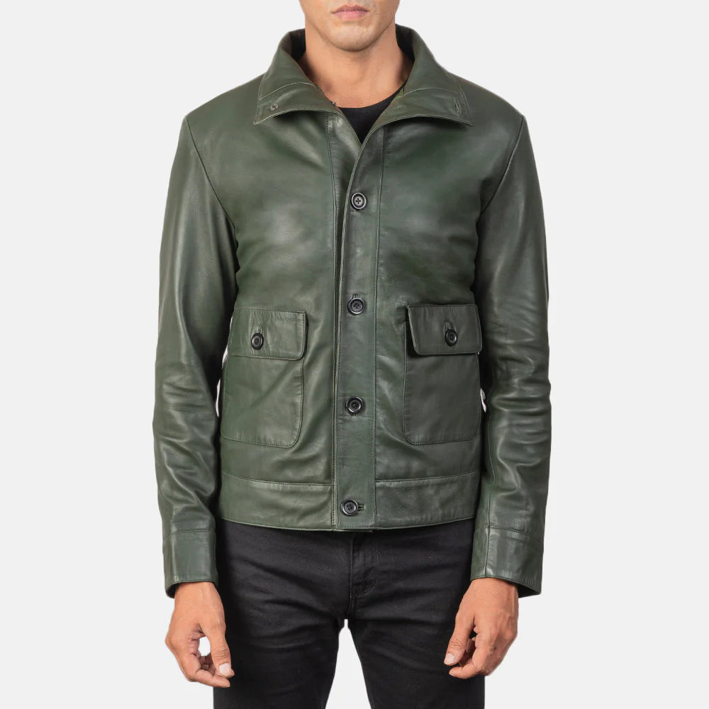 Columbus — Green Genuine Leather Bomber Jacket, Quilted Lining, Vintage Pilot Style