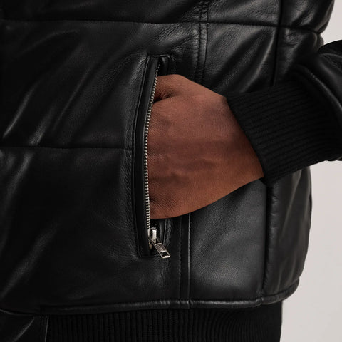 Lucas — Black Leather Puffer Bomber Jacket, Quilted Down-Style Insulation, Water-Resistant Finish