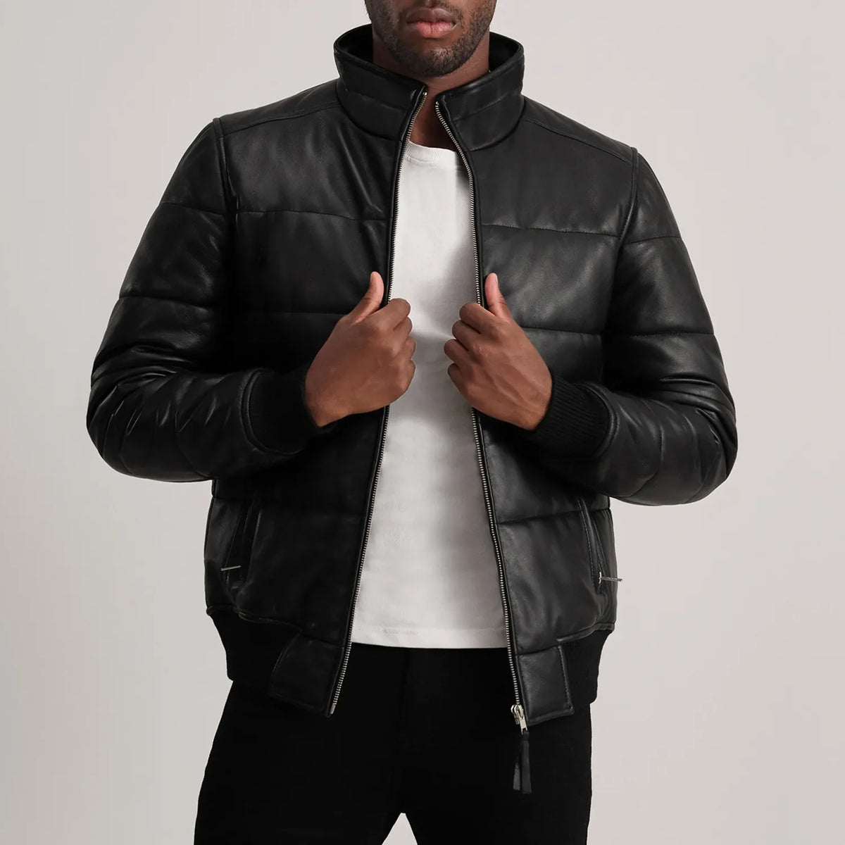 Lucas — Black Leather Puffer Bomber Jacket, Quilted Down-Style Insulation, Water-Resistant Finish