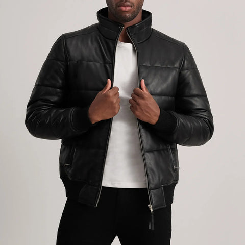 Lucas — Black Leather Puffer Bomber Jacket, Quilted Down-Style Insulation, Water-Resistant Finish