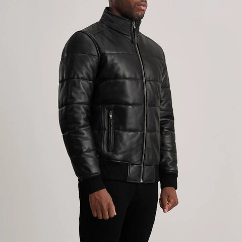 Lucas — Black Leather Puffer Bomber Jacket, Quilted Down-Style Insulation, Water-Resistant Finish