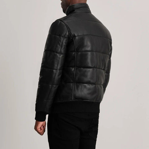 Lucas — Black Leather Puffer Bomber Jacket, Quilted Down-Style Insulation, Water-Resistant Finish