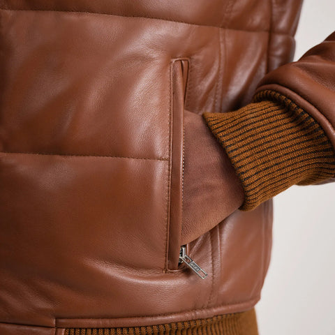 Lucas — Brown Leather Puffer Bomber Jacket, Quilted Insulation