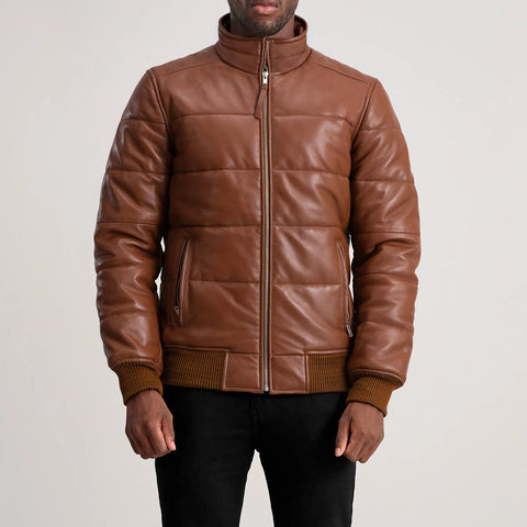 Lucas — Brown Leather Puffer Bomber Jacket, Quilted Insulation