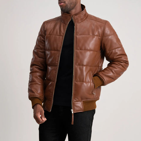 Lucas — Brown Leather Puffer Bomber Jacket, Quilted Insulation