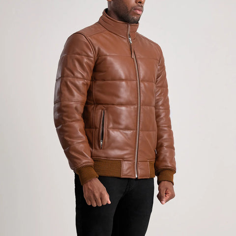 Lucas — Brown Leather Puffer Bomber Jacket, Quilted Insulation