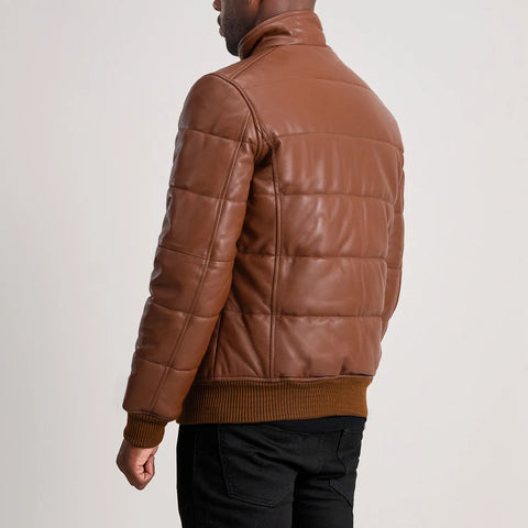 Lucas — Brown Leather Puffer Bomber Jacket, Quilted Insulation