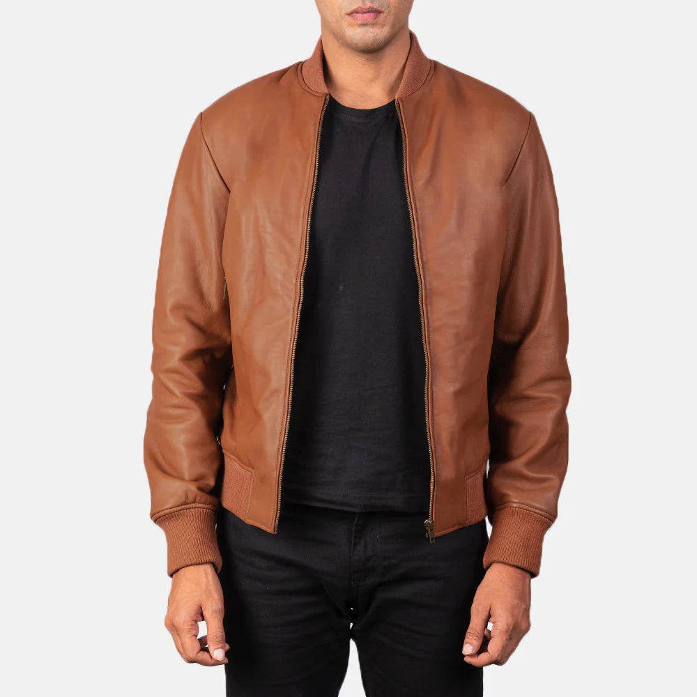Shane — Brown Genuine Leather Bomber Jacket, Quilted Lining