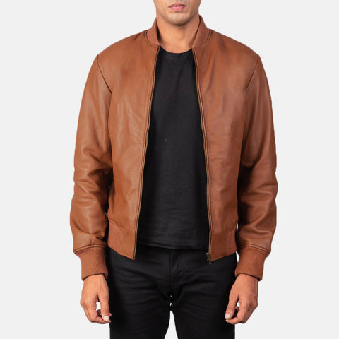 Shane — Brown Genuine Leather Bomber Jacket, Quilted Lining