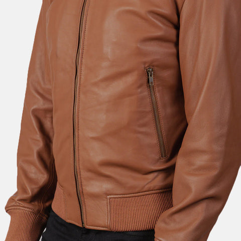 Shane — Brown Genuine Leather Bomber Jacket, Quilted Lining