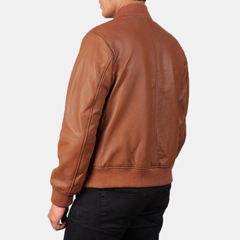 Shane — Brown Genuine Leather Bomber Jacket, Quilted Lining