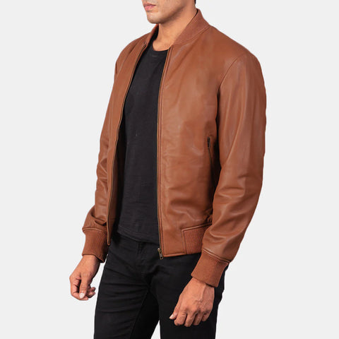 Shane — Brown Genuine Leather Bomber Jacket, Quilted Lining