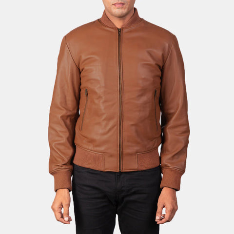 Shane — Brown Genuine Leather Bomber Jacket, Quilted Lining