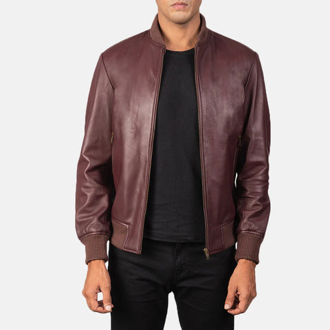 Shane — Maroon Genuine Leather Bomber Jacket, Quilted Lining