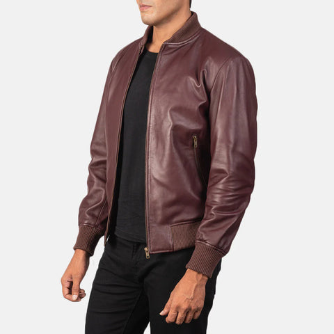 Shane — Maroon Genuine Leather Bomber Jacket, Quilted Lining