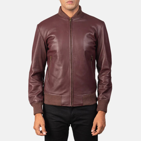 Shane — Maroon Genuine Leather Bomber Jacket, Quilted Lining